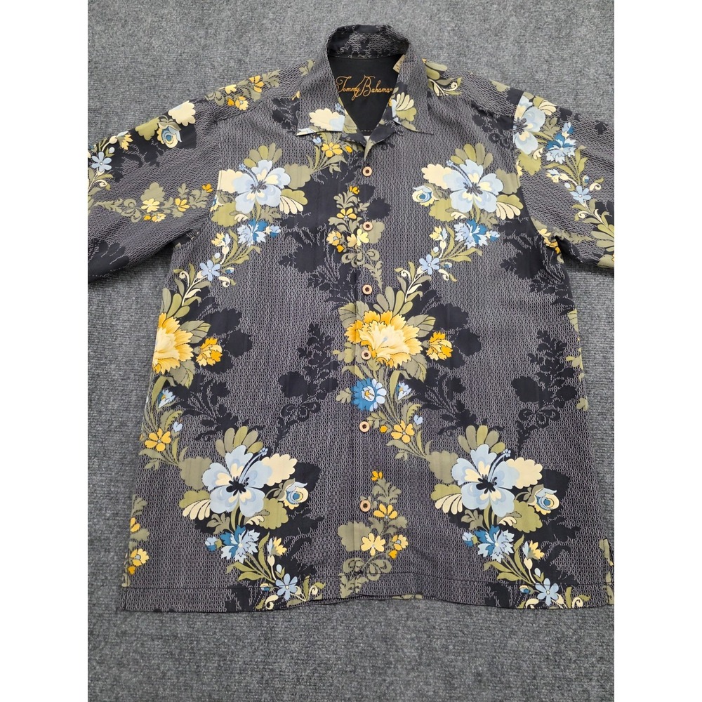 Tommy Bahama Men's M 100% Silk Hawaiian Shirt Gray Yellow Blue Floral Print Camp
